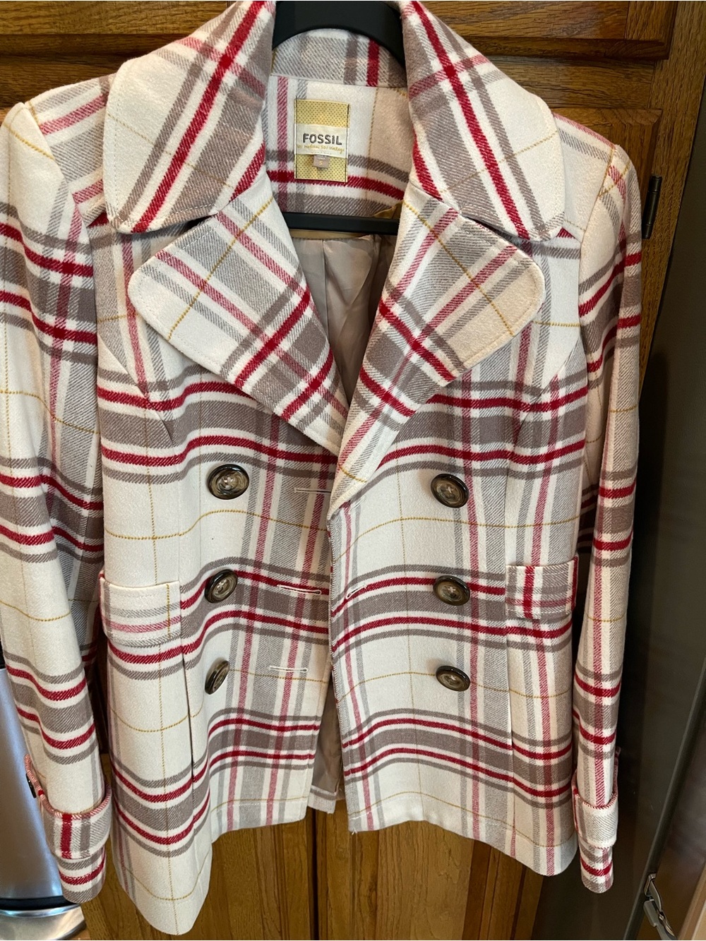 Fossil Cream Plaid Double-Breasted Pea Coat with Red and Tan Stripes